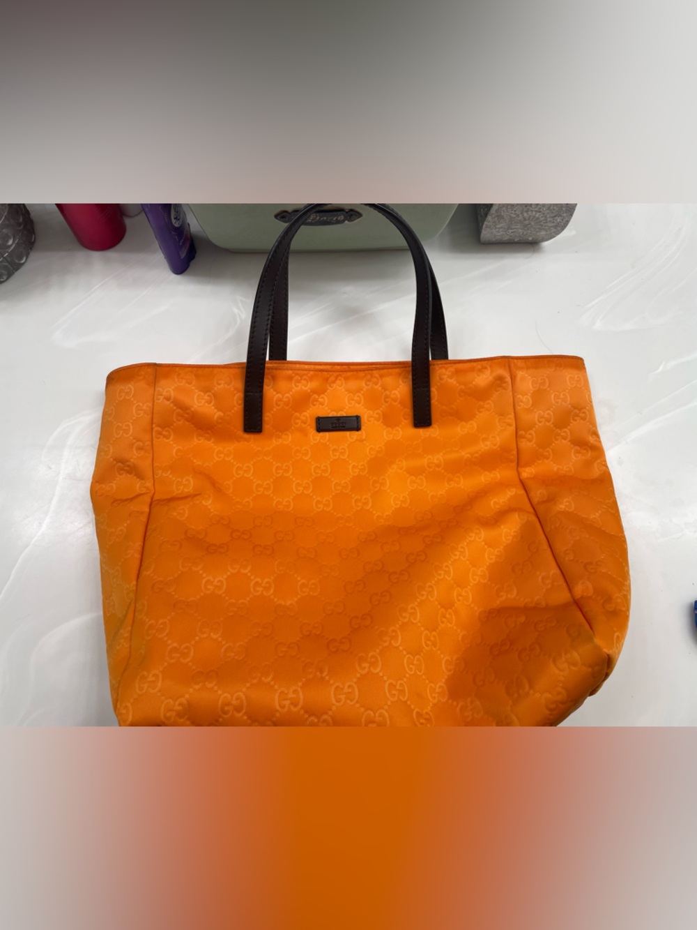 Gucci Orange Monogram Tote with Dark Brown Handles